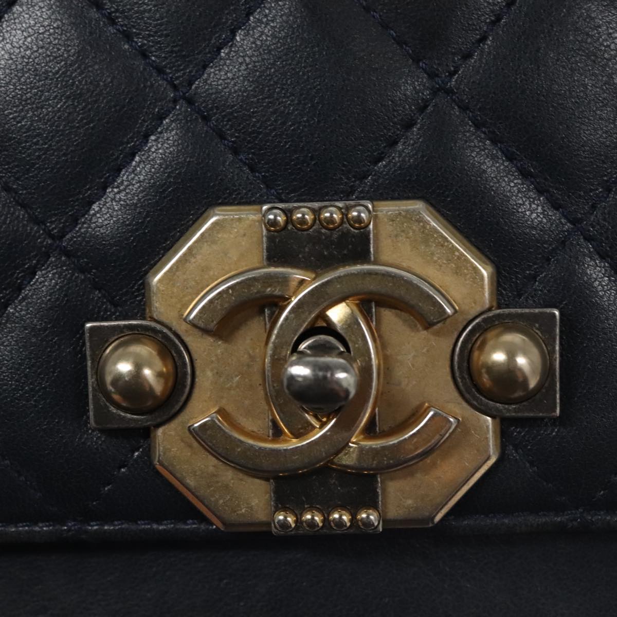 CHANEL Matelasse Turn Lock Chain Hand Bag Leather 2way Navy Gold CC yk16451