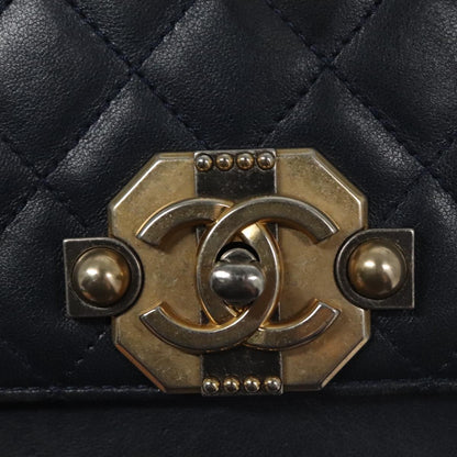 CHANEL Matelasse Turn Lock Chain Hand Bag Leather 2way Navy Gold CC yk16451