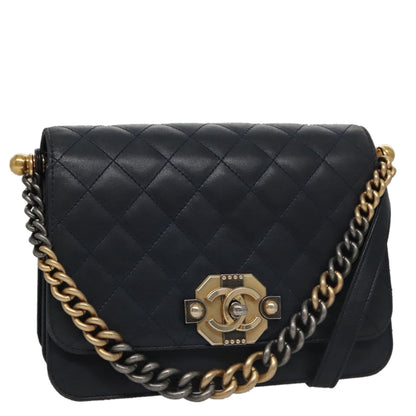 CHANEL Matelasse Turn Lock Chain Hand Bag Leather 2way Navy Gold CC yk16451