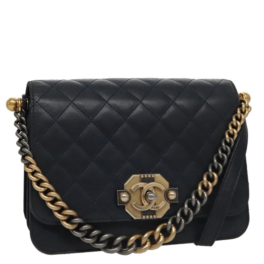 CHANEL Matelasse Turn Lock Chain Hand Bag Leather 2way Navy Gold CC yk16451