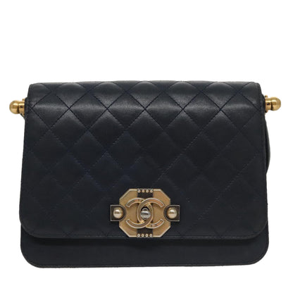 CHANEL Matelasse Turn Lock Chain Hand Bag Leather 2way Navy Gold CC yk16451