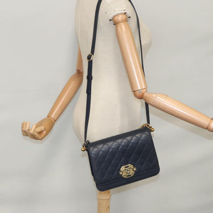 CHANEL Matelasse Turn Lock Chain Hand Bag Leather 2way Navy Gold CC yk16451