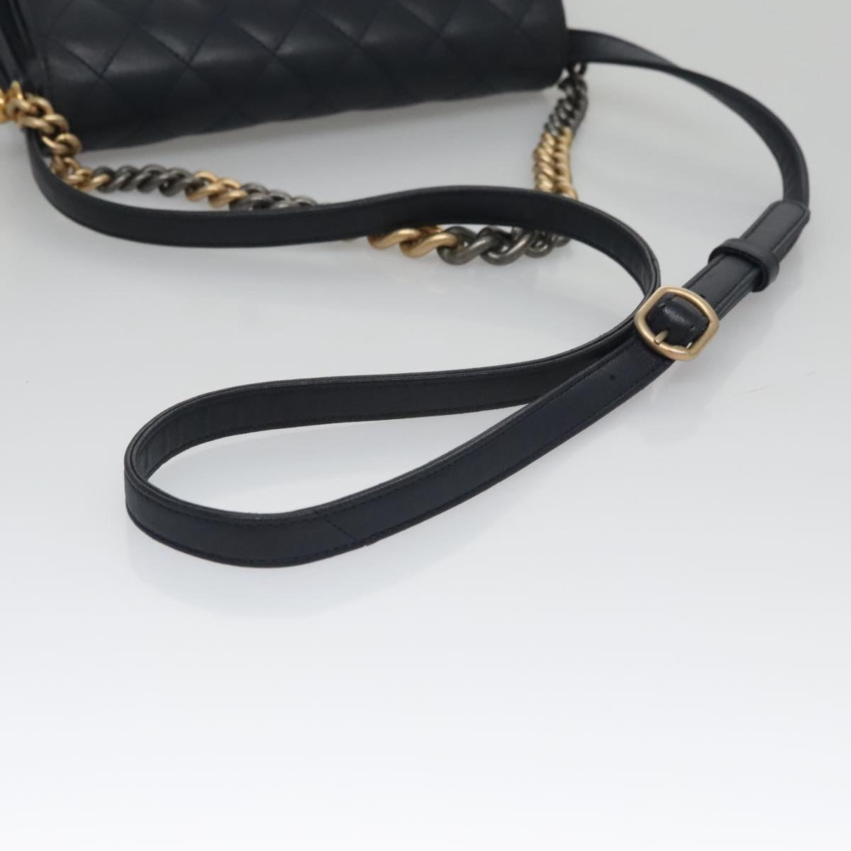 CHANEL Matelasse Turn Lock Chain Hand Bag Leather 2way Navy Gold CC yk16451