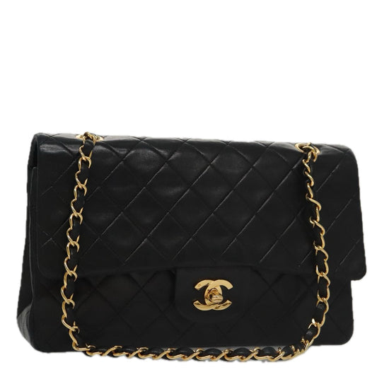 CHANEL Matelasse 25 Double Flap Chain Shoulder Bag Lamb Skin Black yk16454A