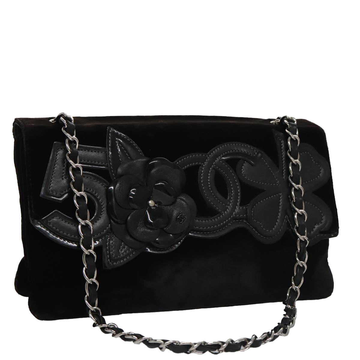 CHANEL Chain Camelia Shoulder Bag Velor Leather Black Silver CC yk16500