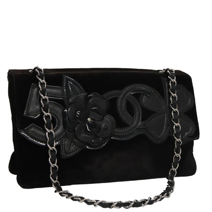 CHANEL Chain Camelia Shoulder Bag Velor Leather Black Silver CC yk16500