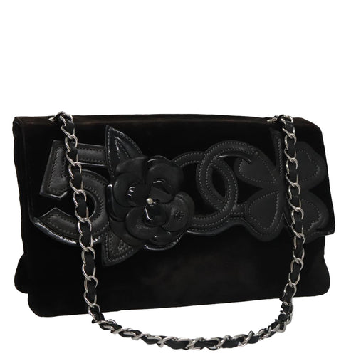 CHANEL Chain Camelia Shoulder Bag Velor Leather Black Silver CC yk16500