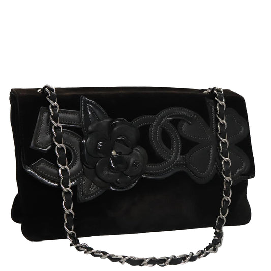 CHANEL Chain Camelia Shoulder Bag Velor Leather Black Silver CC yk16500