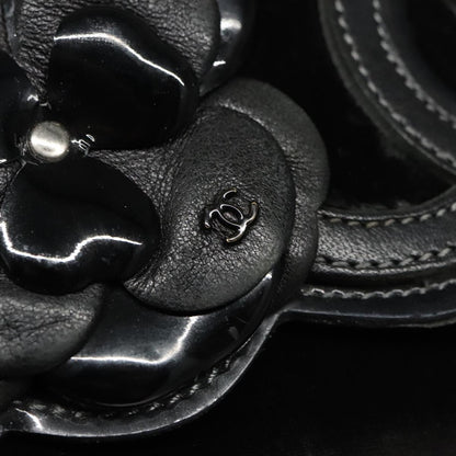 CHANEL Chain Camelia Shoulder Bag Velor Leather Black Silver CC yk16500
