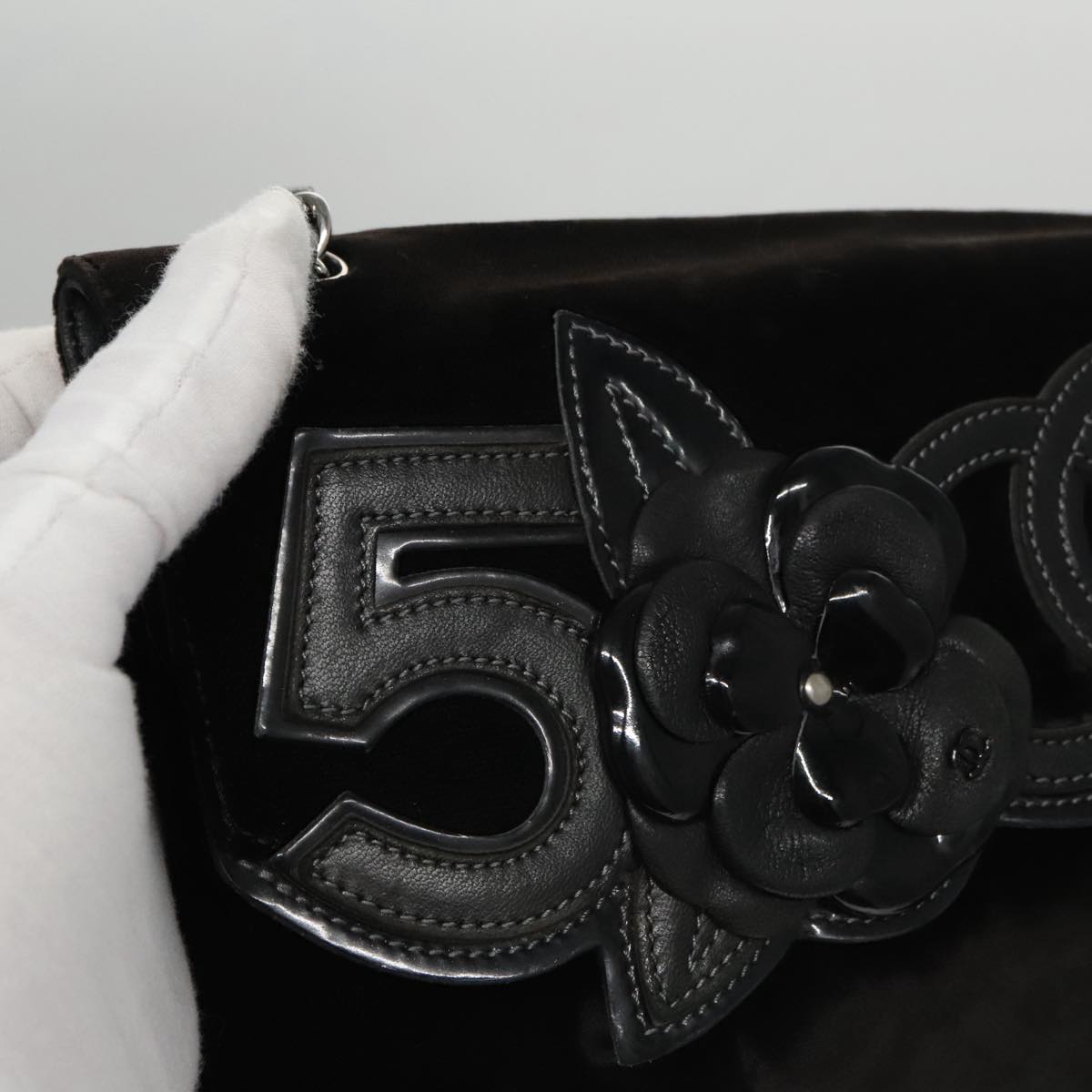 CHANEL Chain Camelia Shoulder Bag Velor Leather Black Silver CC yk16500
