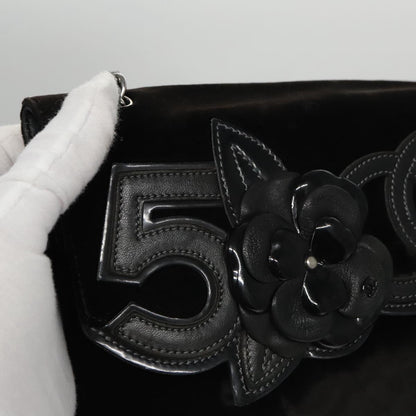 CHANEL Chain Camelia Shoulder Bag Velor Leather Black Silver CC yk16500