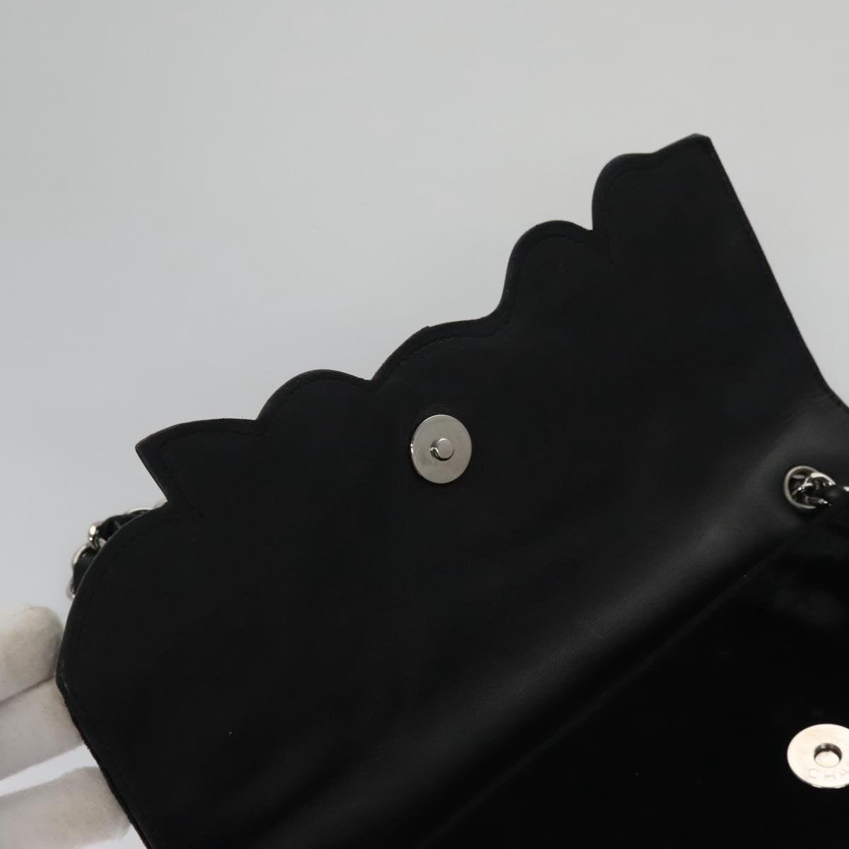 CHANEL Chain Camelia Shoulder Bag Velor Leather Black Silver CC yk16500