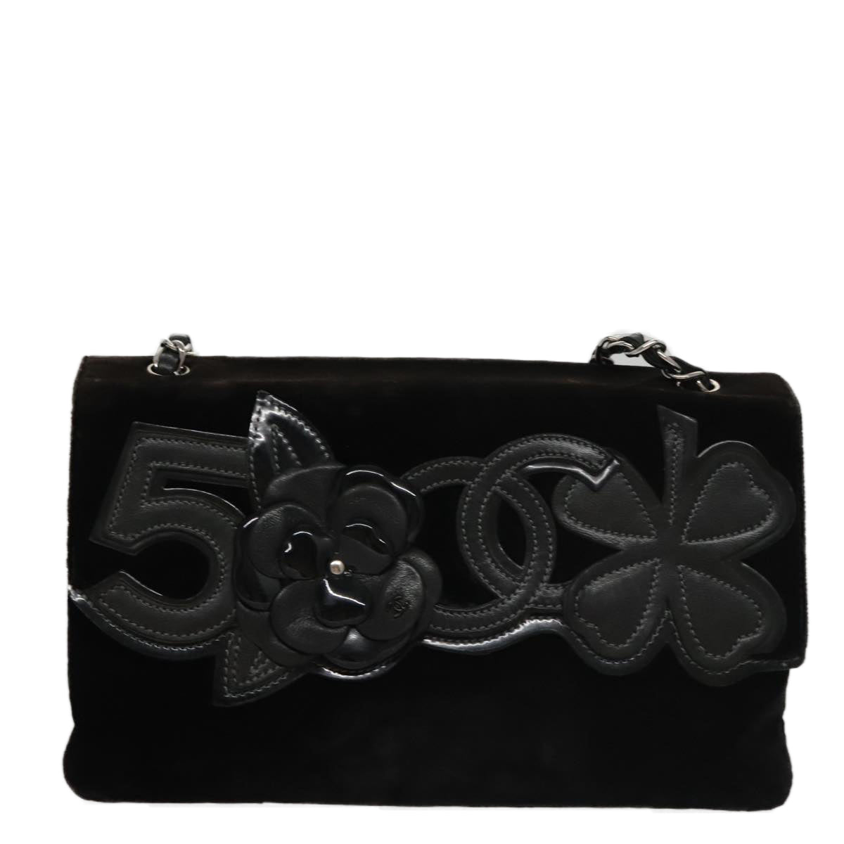 CHANEL Chain Camelia Shoulder Bag Velor Leather Black Silver CC yk16500