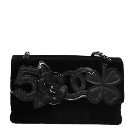 CHANEL Chain Camelia Shoulder Bag Velor Leather Black Silver CC yk16500