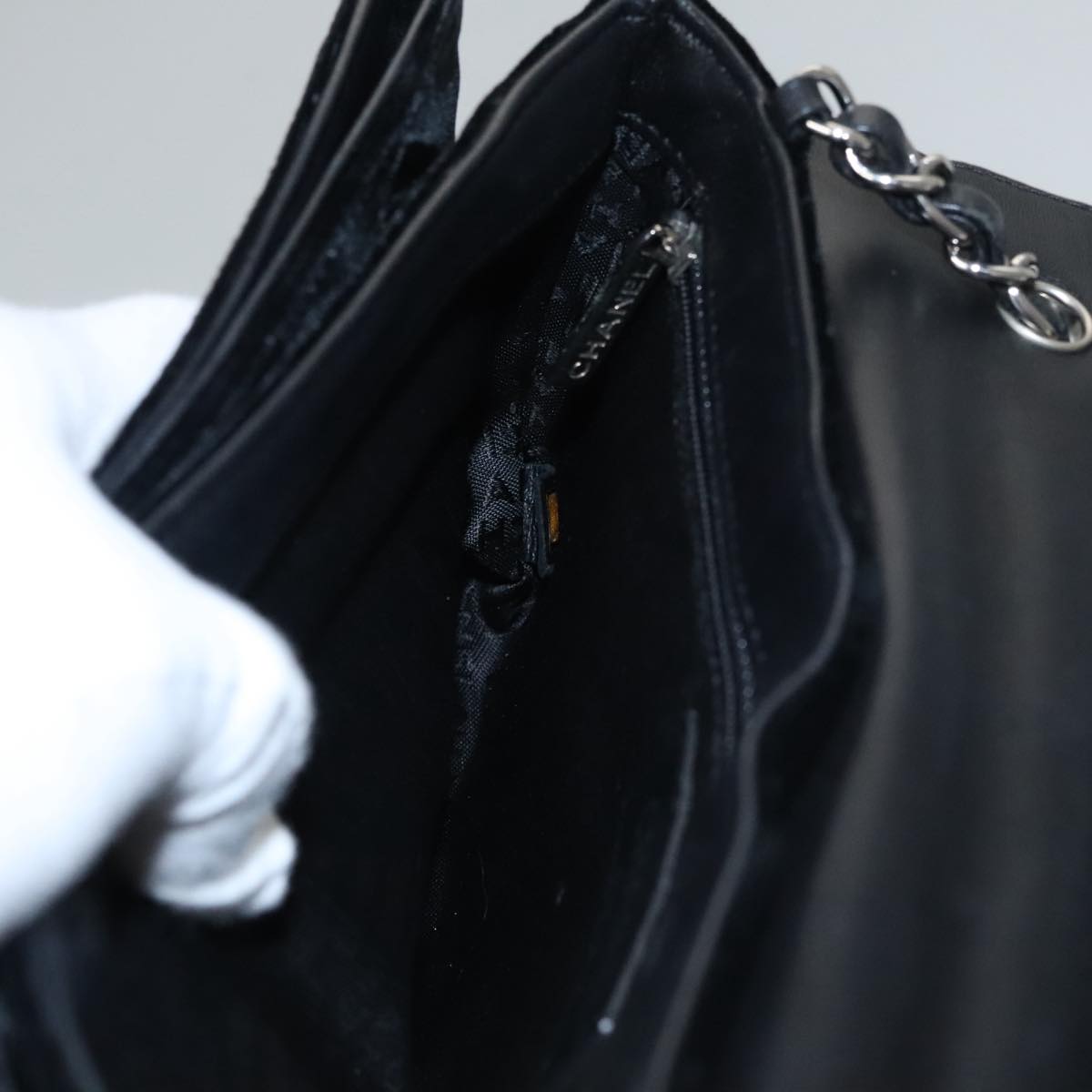 CHANEL Chain Camelia Shoulder Bag Velor Leather Black Silver CC yk16500