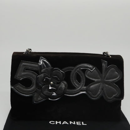 CHANEL Chain Camelia Shoulder Bag Velor Leather Black Silver CC yk16500