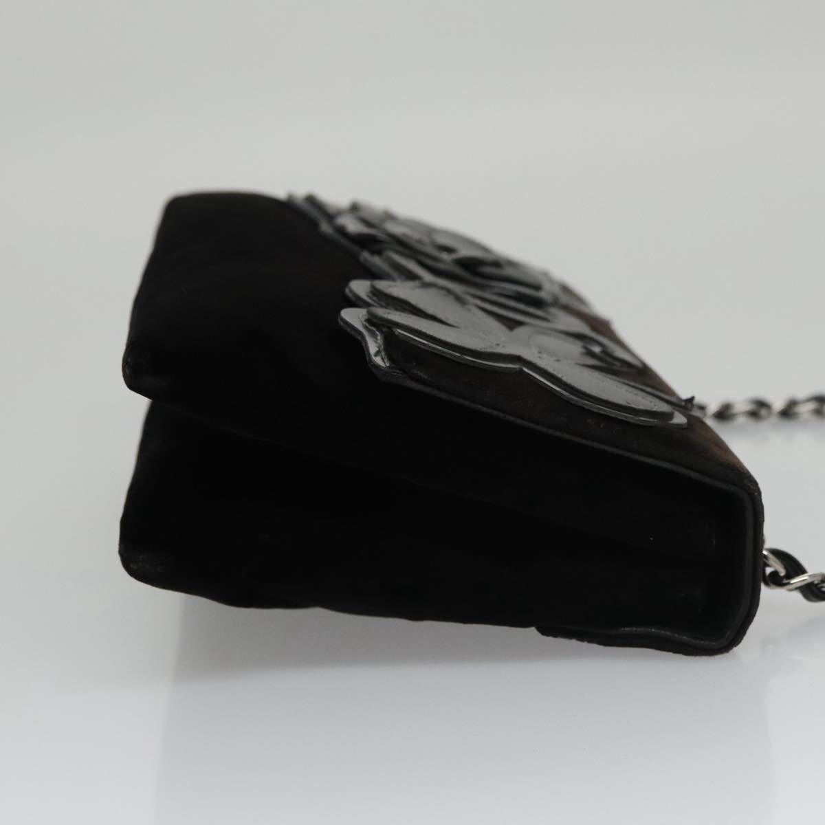 CHANEL Chain Camelia Shoulder Bag Velor Leather Black Silver CC yk16500