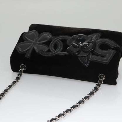 CHANEL Chain Camelia Shoulder Bag Velor Leather Black Silver CC yk16500