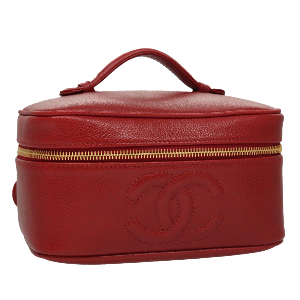 CHANEL Vanity COCO Mark Cosmetic Pouch Caviar Skin Red Gold CC yk16676A
