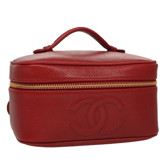CHANEL Vanity COCO Mark Cosmetic Pouch Caviar Skin Red Gold CC yk16676A