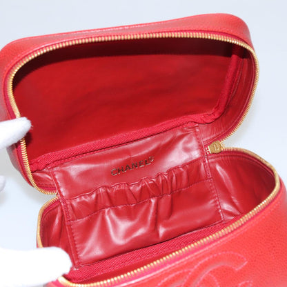 CHANEL Vanity COCO Mark Cosmetic Pouch Caviar Skin Red Gold CC yk16676A