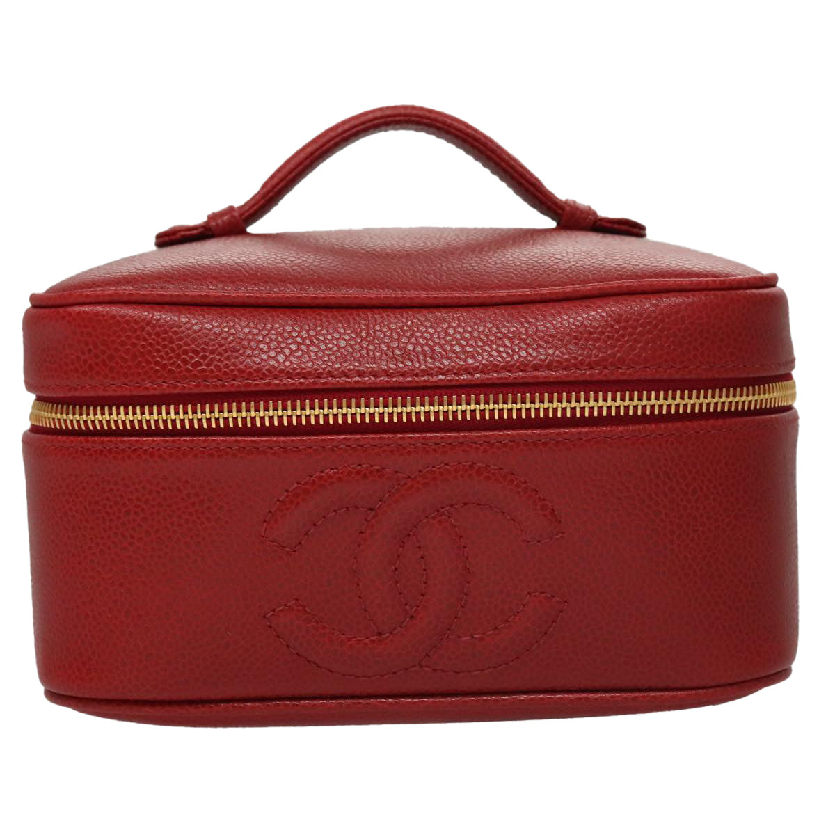 CHANEL Vanity COCO Mark Cosmetic Pouch Caviar Skin Red Gold CC yk16676A