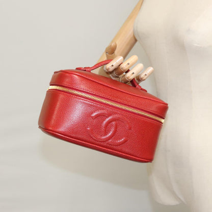 CHANEL Vanity COCO Mark Cosmetic Pouch Caviar Skin Red Gold CC yk16676A