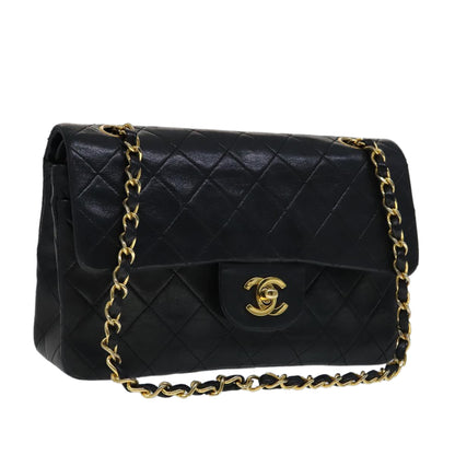 CHANEL Matelasse 23 Double Flap Chain Bag Lamb Skin Black Gold CC yk16744A