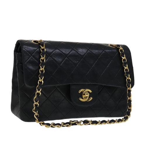 CHANEL Matelasse 23 Double Flap Chain Bag Lamb Skin Black Gold CC yk16744A
