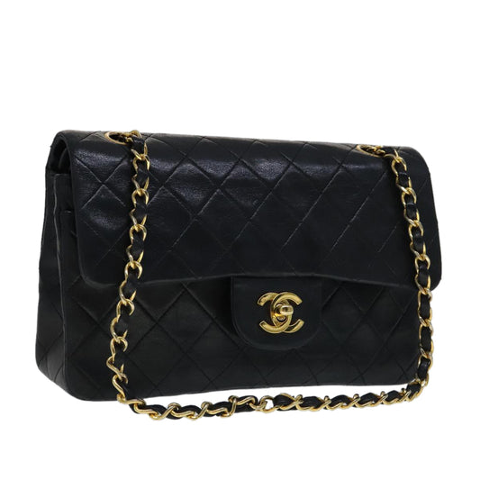 CHANEL Matelasse 23 Double Flap Chain Bag Lamb Skin Black Gold CC yk16744A