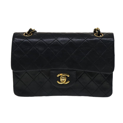 CHANEL Matelasse 23 Double Flap Chain Bag Lamb Skin Black Gold CC yk16744A