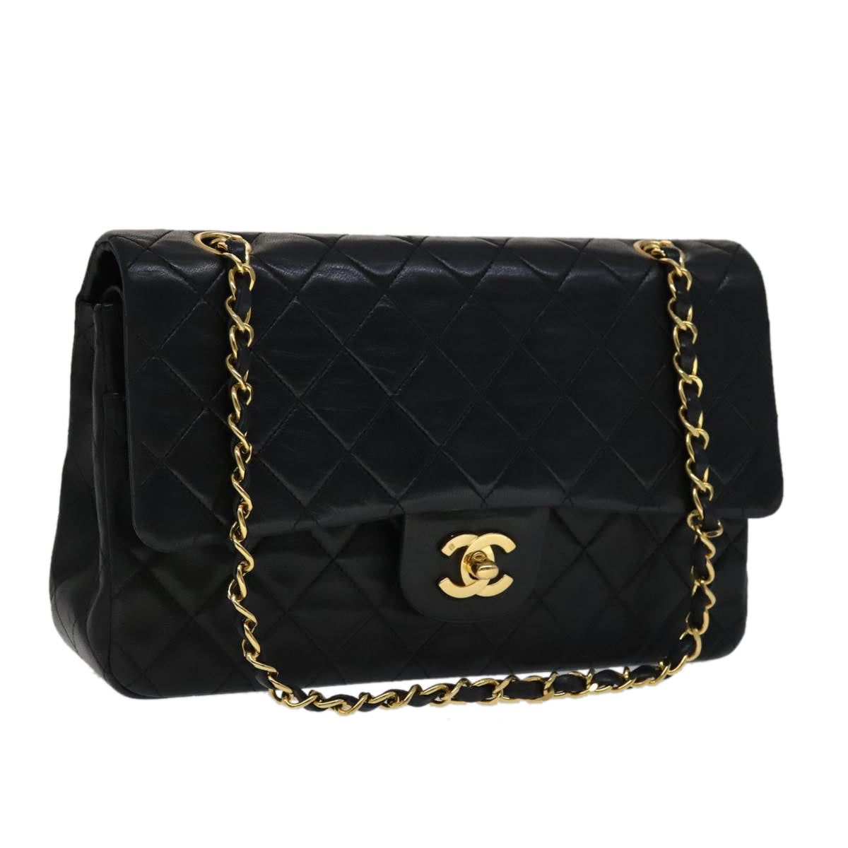 CHANEL Matelasse 25 Double Flap Chain Bag Lamb Skin Black Gold CC yk16757A