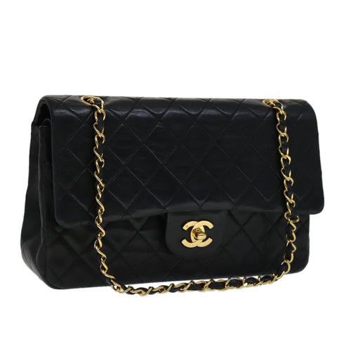 CHANEL Matelasse 25 Double Flap Chain Bag Lamb Skin Black Gold CC yk16757A