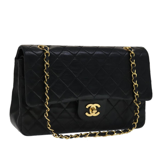 CHANEL Matelasse 25 Double Flap Chain Bag Lamb Skin Black Gold CC yk16757A