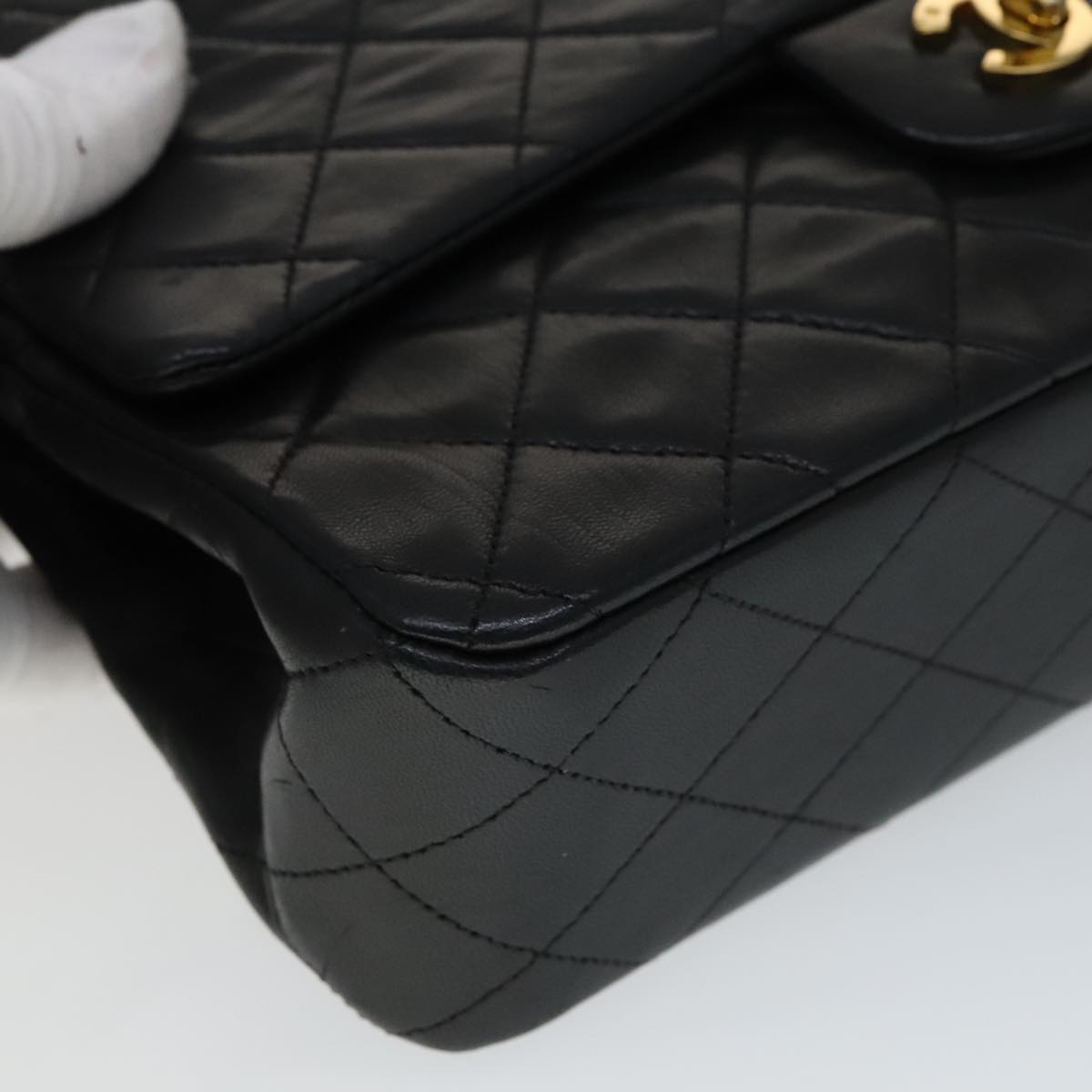 CHANEL Matelasse 25 Double Flap Chain Bag Lamb Skin Black Gold CC yk16757A