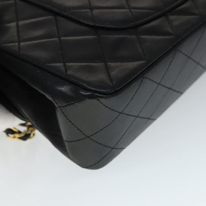 CHANEL Matelasse 25 Double Flap Chain Bag Lamb Skin Black Gold CC yk16757A