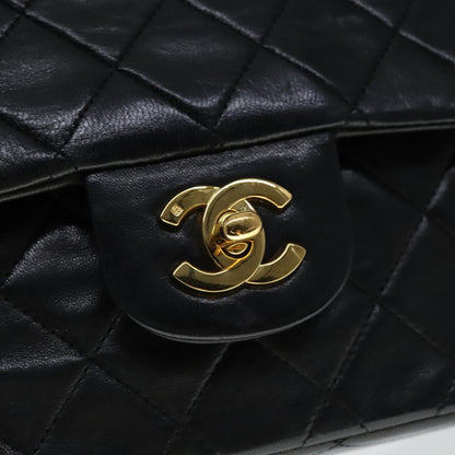 CHANEL Matelasse 25 Double Flap Chain Bag Lamb Skin Black Gold CC yk16757A