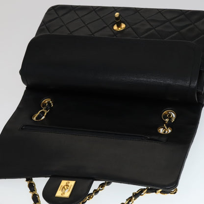 CHANEL Matelasse 25 Double Flap Chain Bag Lamb Skin Black Gold CC yk16757A