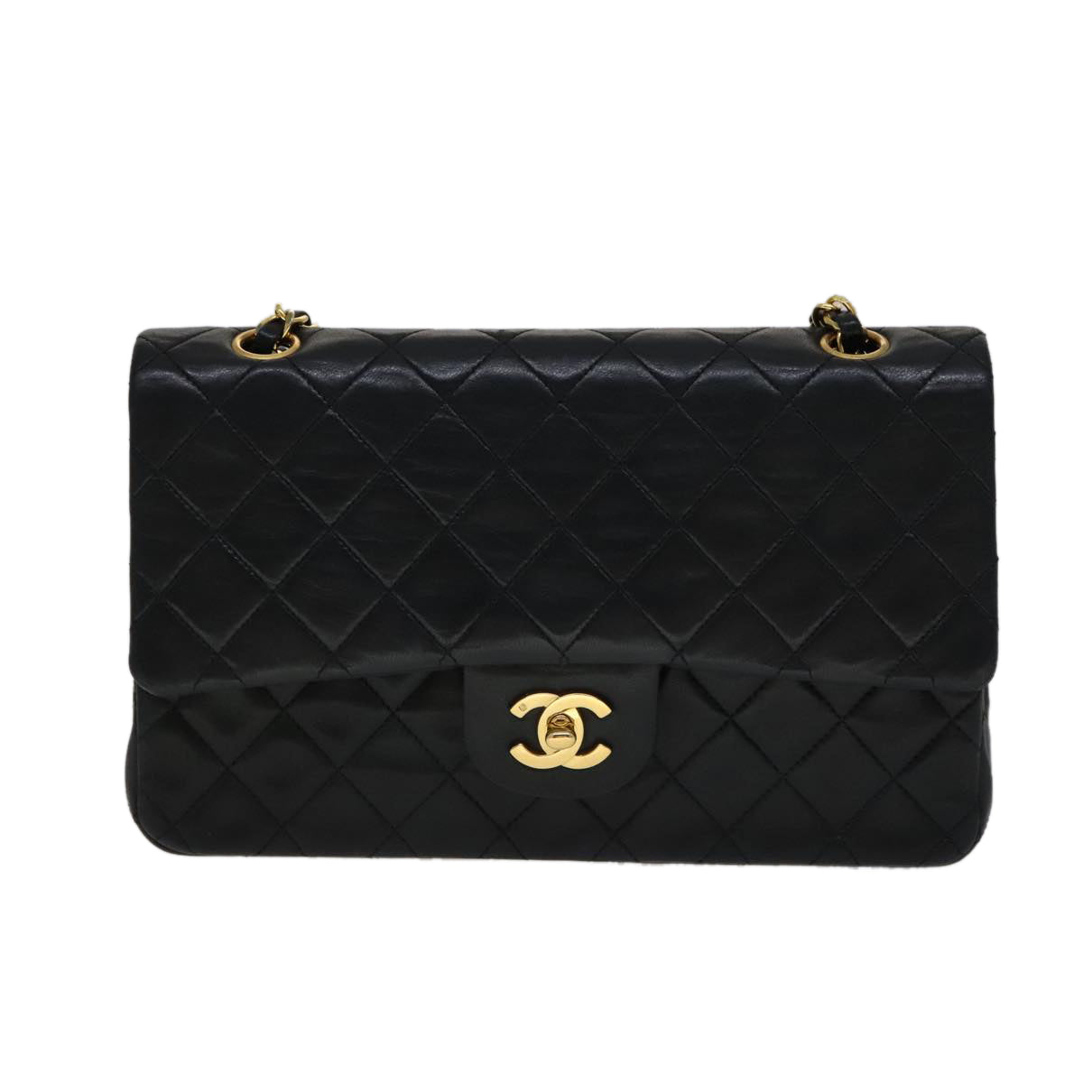 CHANEL Matelasse 25 Double Flap Chain Bag Lamb Skin Black Gold CC yk16757A
