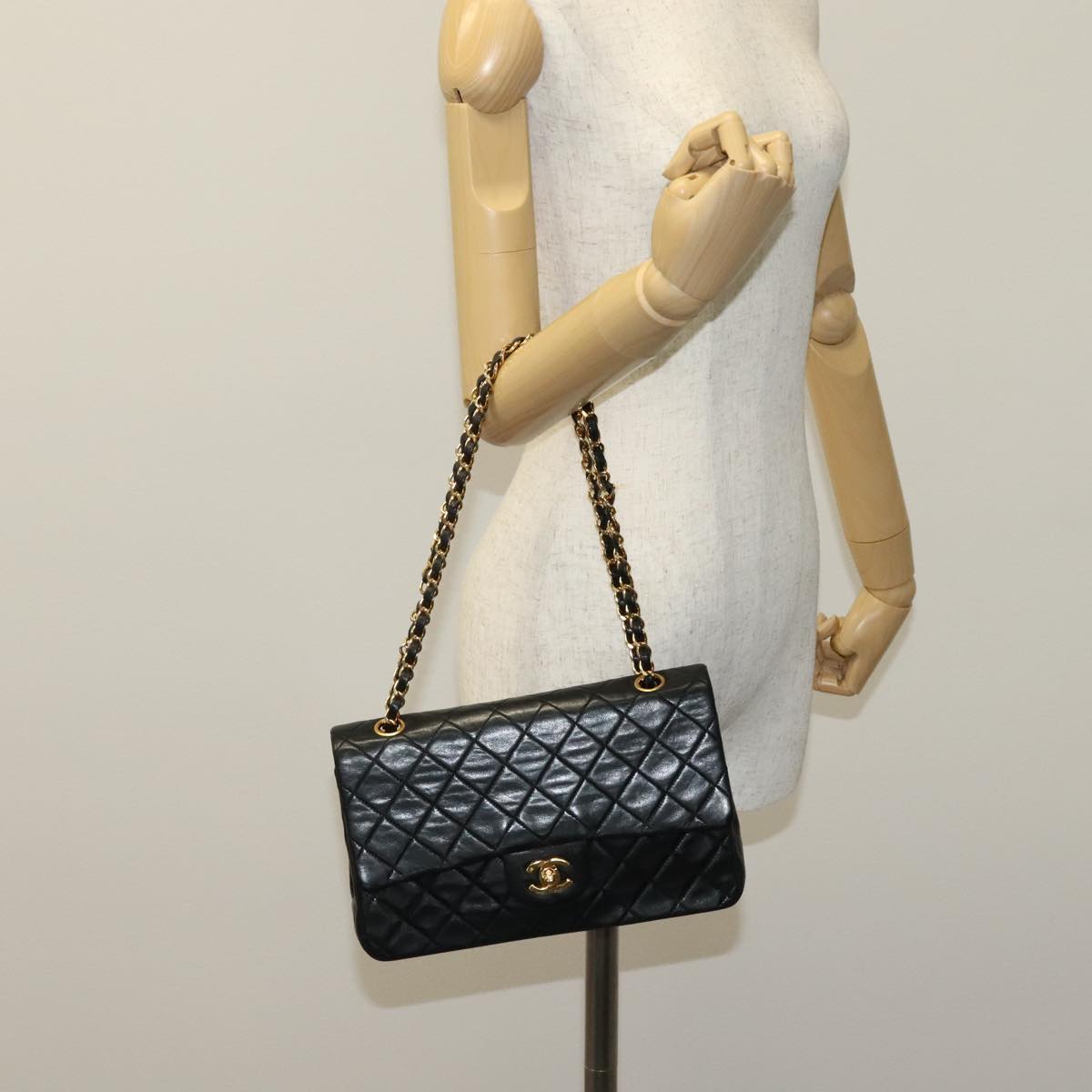 CHANEL Matelasse 25 Double Flap Chain Bag Lamb Skin Black Gold CC yk16757A