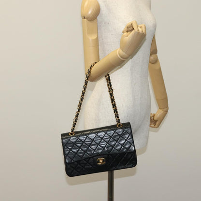 CHANEL Matelasse 25 Double Flap Chain Bag Lamb Skin Black Gold CC yk16757A