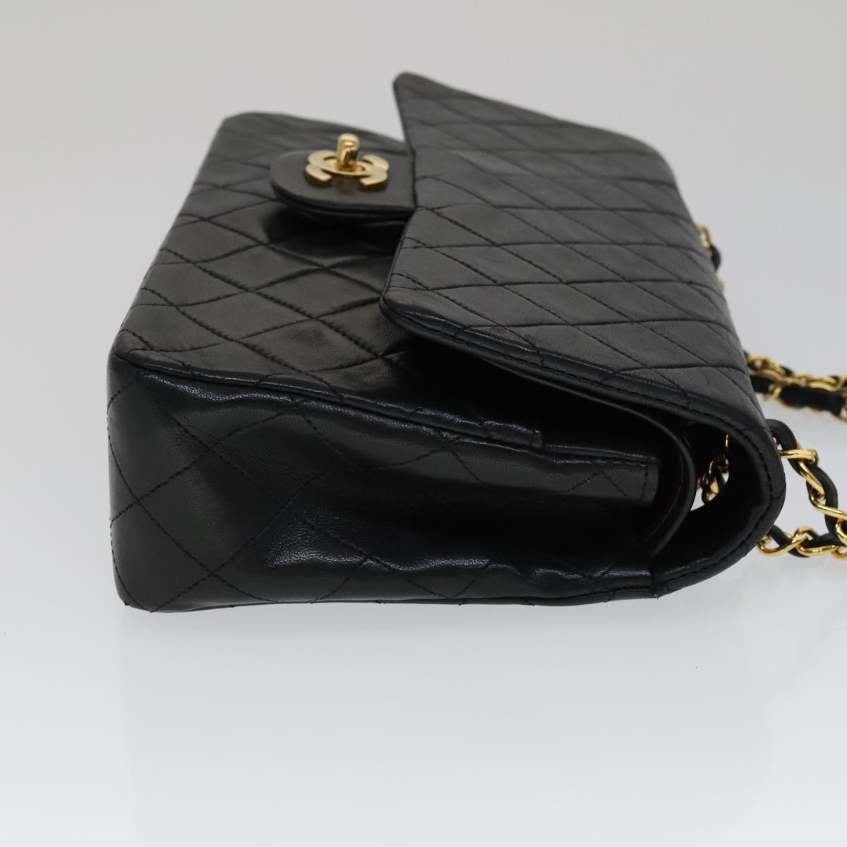 CHANEL Matelasse 25 Double Flap Chain Bag Lamb Skin Black Gold CC yk16757A