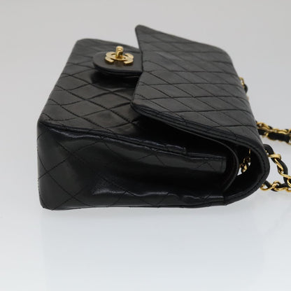 CHANEL Matelasse 25 Double Flap Chain Bag Lamb Skin Black Gold CC yk16757A
