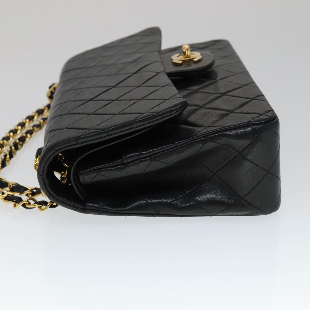 CHANEL Matelasse 25 Double Flap Chain Bag Lamb Skin Black Gold CC yk16757A