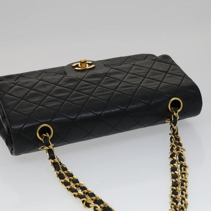CHANEL Matelasse 25 Double Flap Chain Bag Lamb Skin Black Gold CC yk16757A