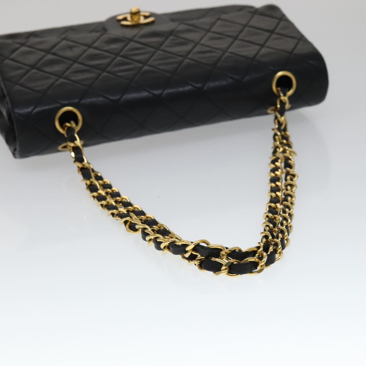 CHANEL Matelasse 25 Double Flap Chain Bag Lamb Skin Black Gold CC yk16757A