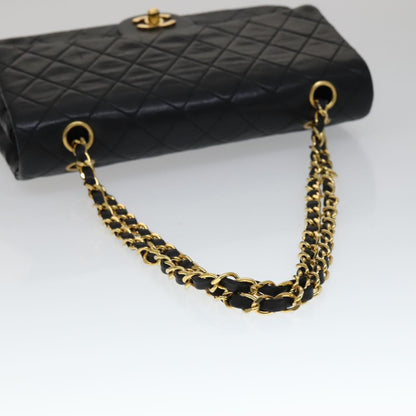 CHANEL Matelasse 25 Double Flap Chain Bag Lamb Skin Black Gold CC yk16757A