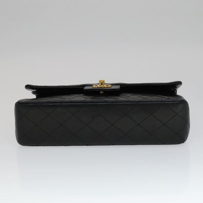 CHANEL Matelasse 25 Double Flap Chain Bag Lamb Skin Black Gold CC yk16757A