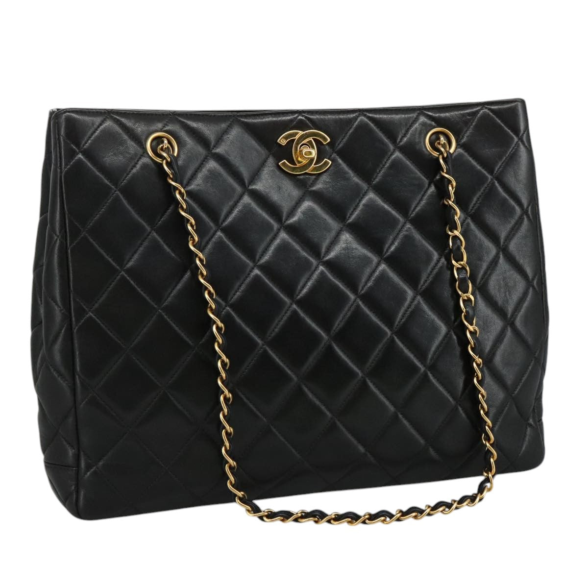 CHANEL Matelasse Chain Tote Bag Lamb Skin Black Gold CC yk16779A