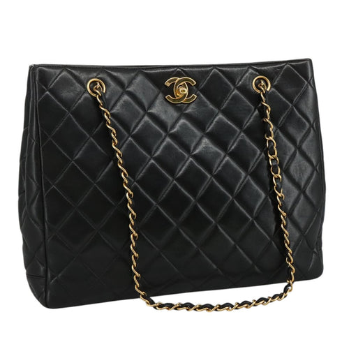 CHANEL Matelasse Chain Tote Bag Lamb Skin Black Gold CC yk16779A